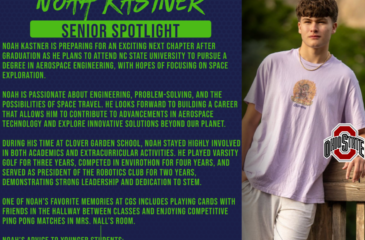 Senior spotlight graphic of a male student standing outdoors by a wooden railing, with text highlighting his aerospace engineering plans and college logos.