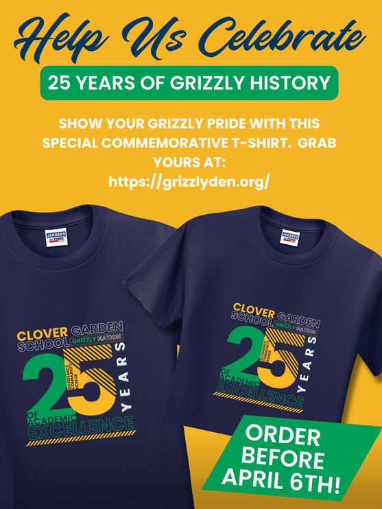 Graphic promoting Clover Garden School’s 25th anniversary t-shirt with navy shirts, school logo, and order deadline April 6.