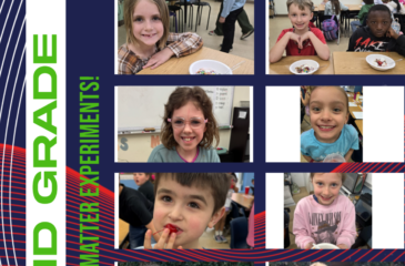 Collage of second grade students at Clover Garden School participating in hands-on matter experiments, smiling while holding worksheets, eating experiment treats, and posing with classmates in the classroom and outside.
