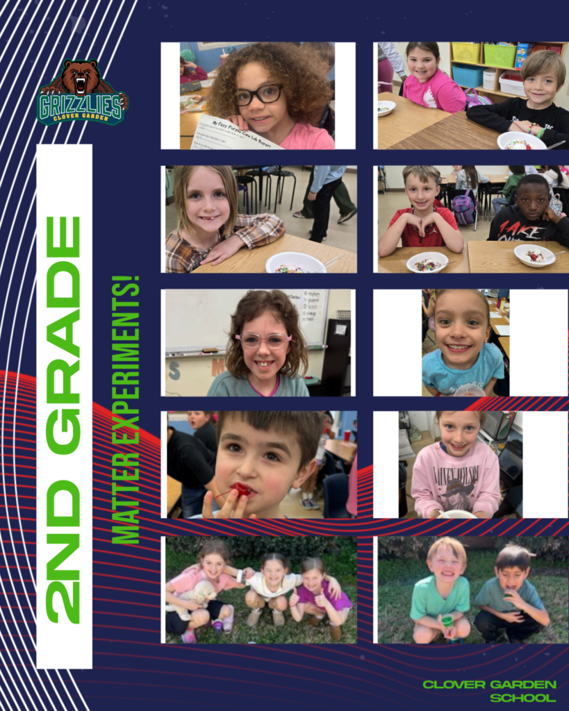 Collage of second grade students at Clover Garden School participating in hands-on matter experiments, smiling while holding worksheets, eating experiment treats, and posing with classmates in the classroom and outside.