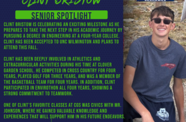 Senior Spotlight graphic for Clint Bristow featuring a photo of him smiling outdoors, the UNCW logo, and text about his plans to study engineering, school activities, favorite class, and advice to younger students.