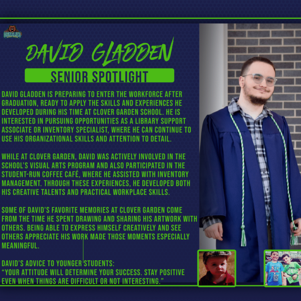 Senior spotlight graphic showing a graduate in a blue cap and gown smiling, with text about his future plans and achievements, plus small childhood photos.