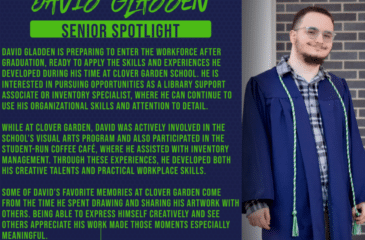 Senior spotlight graphic showing a graduate in a blue cap and gown smiling, with text about his future plans and achievements, plus small childhood photos.