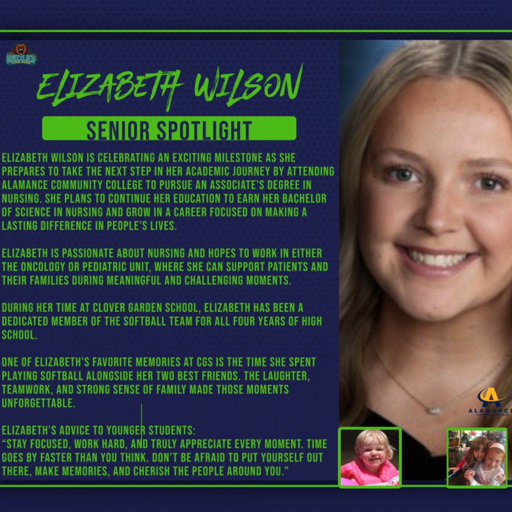 Senior Spotlight graphic featuring Elizabeth Wilson, highlighting her plans to attend Alamance Community College for nursing. Her portrait appears alongside her activities, favorite softball memories, and advice to younger students.