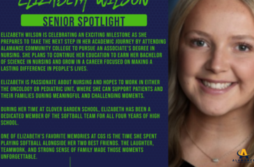 Senior Spotlight graphic featuring Elizabeth Wilson, highlighting her plans to attend Alamance Community College for nursing. Her portrait appears alongside her activities, favorite softball memories, and advice to younger students.