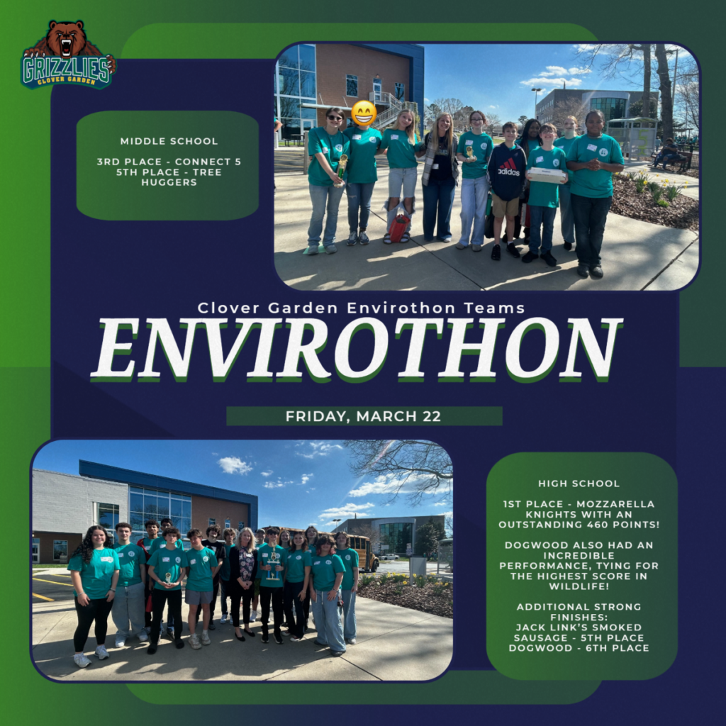 Clover Garden School students pose outdoors in green Envirothon team shirts after a competition. The graphic highlights Clover Garden Envirothon teams from March 22, showing middle school and high school groups with their awards and competition placements.