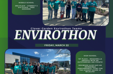 Clover Garden School students pose outdoors in green Envirothon team shirts after a competition. The graphic highlights Clover Garden Envirothon teams from March 22, showing middle school and high school groups with their awards and competition placements.