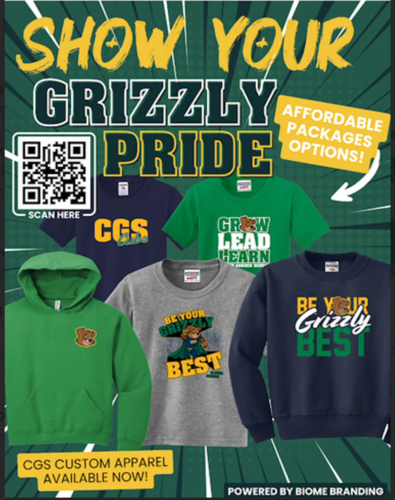 Graphic promoting Clover Garden School Grizzly Gear with hoodies, T-shirts, and sweatshirts featuring Grizzly-themed designs and a QR code to shop the apparel.