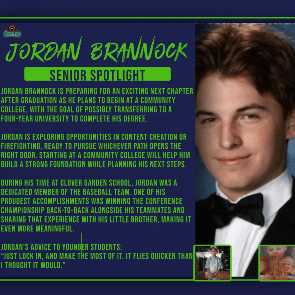 Senior spotlight graphic featuring Jordan Brannock in a tuxedo portrait, highlighting his plans to attend community college, interest in content creation or firefighting, baseball achievements, and his advice about making the most of high school.