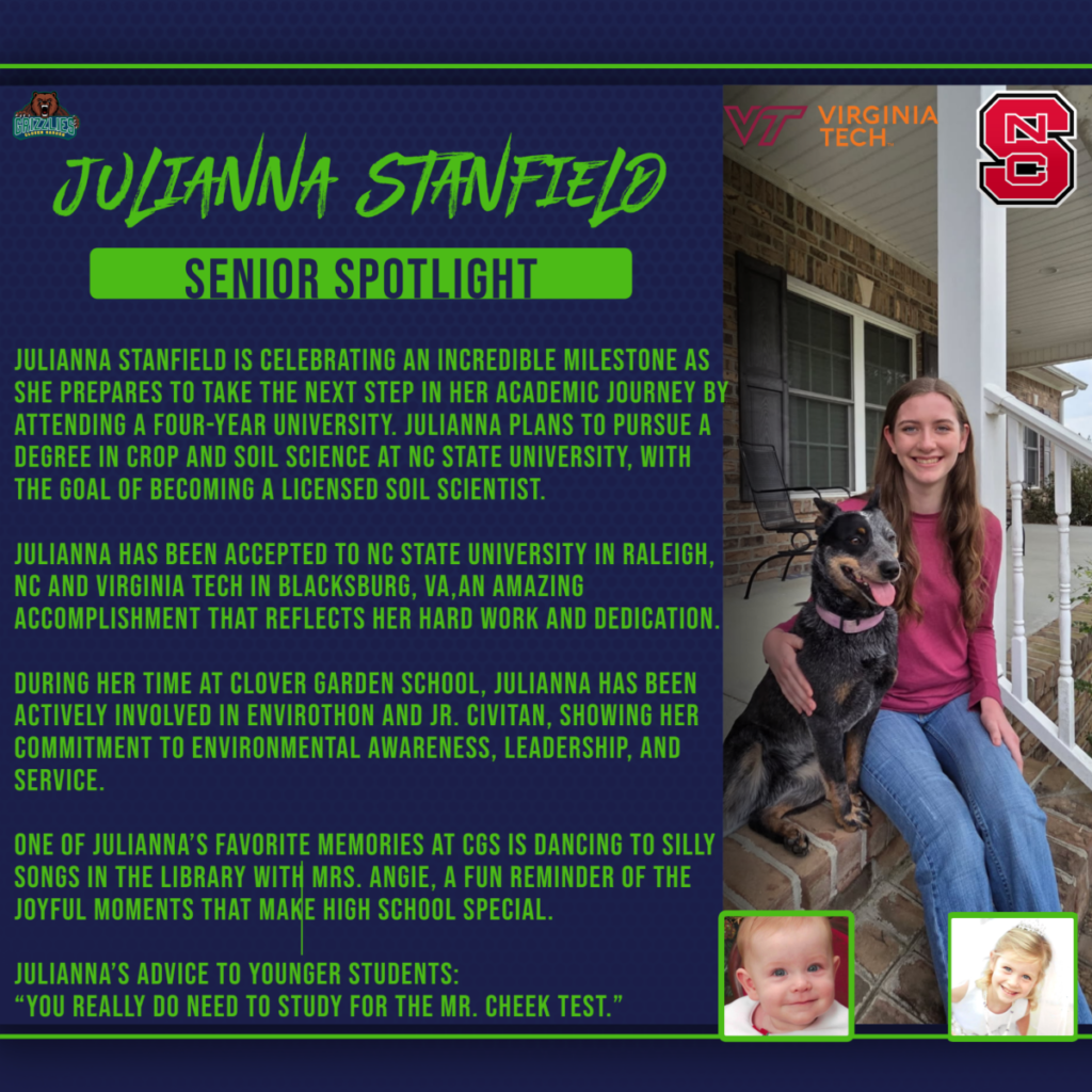Senior Spotlight graphic featuring Julianna Stanfield. The design includes her name, college plans to attend NC State for Crop and Soil Science, and acceptances to NC State and Virginia Tech. Her photo shows her smiling on a porch with her dog, alongside highlights of her activities, favorite memory, and advice to younger students, with small childhood photos at the bottom.