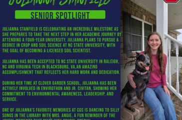 Senior Spotlight graphic featuring Julianna Stanfield. The design includes her name, college plans to attend NC State for Crop and Soil Science, and acceptances to NC State and Virginia Tech. Her photo shows her smiling on a porch with her dog, alongside highlights of her activities, favorite memory, and advice to younger students, with small childhood photos at the bottom.
