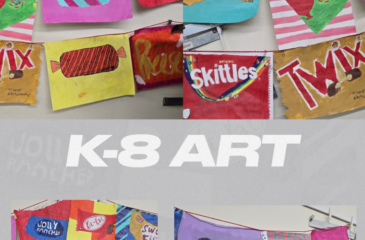 Collage of colorful student artwork displayed at Clover Garden School’s K–8 campus featuring hand-painted candy wrappers such as Skittles, Twix, Reese’s, Airheads, Jolly Rancher, M&M’s, and Bubble Gum. The display highlights creative paintings hanging on classroom walls with a large “K-8 ART” title in the center and the school’s bear mascot above.
