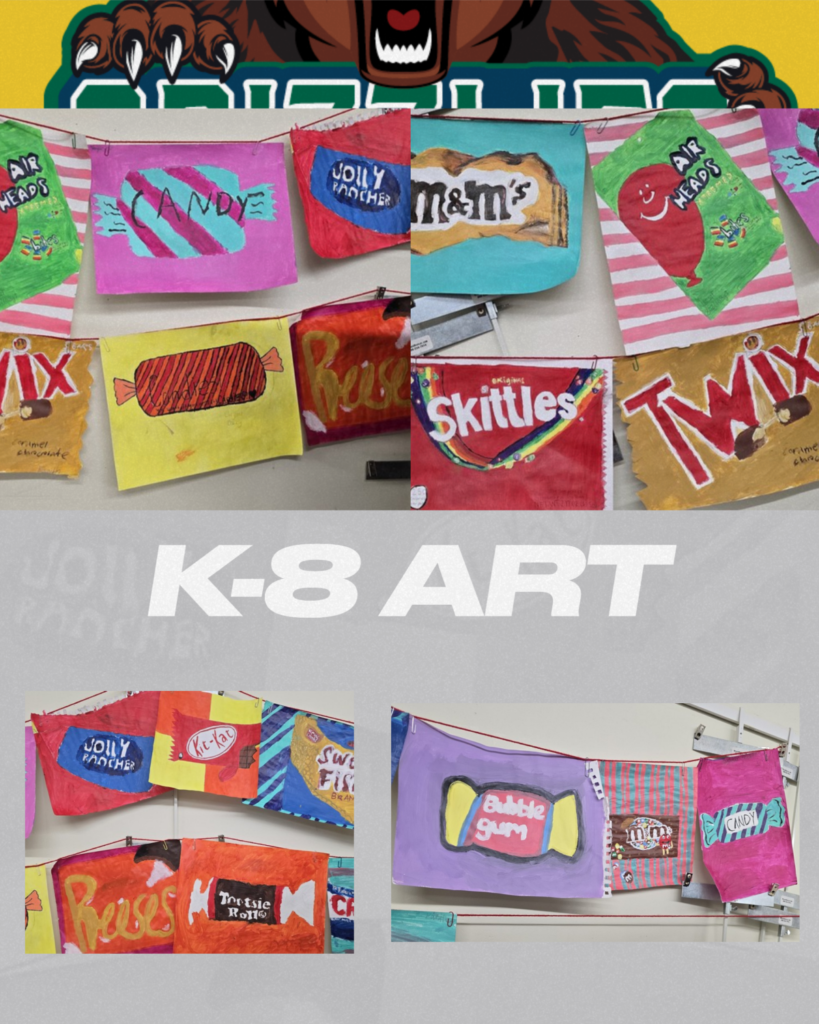 Collage of colorful student artwork displayed at Clover Garden School’s K–8 campus featuring hand-painted candy wrappers such as Skittles, Twix, Reese’s, Airheads, Jolly Rancher, M&M’s, and Bubble Gum. The display highlights creative paintings hanging on classroom walls with a large “K-8 ART” title in the center and the school’s bear mascot above.