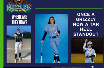 A graphic highlights Lexie Roberts, a Clover Garden School Class of 2022 alum. It features multiple photos of her playing softball, including in a CGS uniform and in a University of North Carolina uniform. The design includes the Grizzlies logo, the phrase “Where Are They Now?”, and “Once a Grizzly, Now a Tar Heel Standout,” celebrating her athletic success.