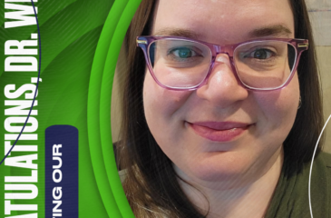 Close-up of Dr. Rose Miller Webster smiling, featured in a green Clover Garden School “Grizzly Pride” alumni spotlight graphic celebrating her doctorate achievement.