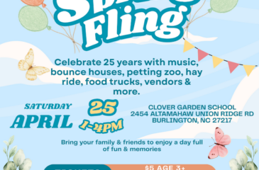 Flyer for Clover Garden’s Spring Fling on Saturday, April 25 from 1–4 PM in Burlington, NC, featuring music, bounce houses, petting zoo, food trucks, and more, with ticket info and QR code.