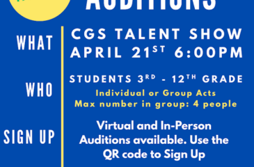 Flyer for CGS Talent Show virtual auditions on April 21 at 6:00 PM for students in grades 3–12, with individual or group acts (up to 4 people) and a QR code to sign up.