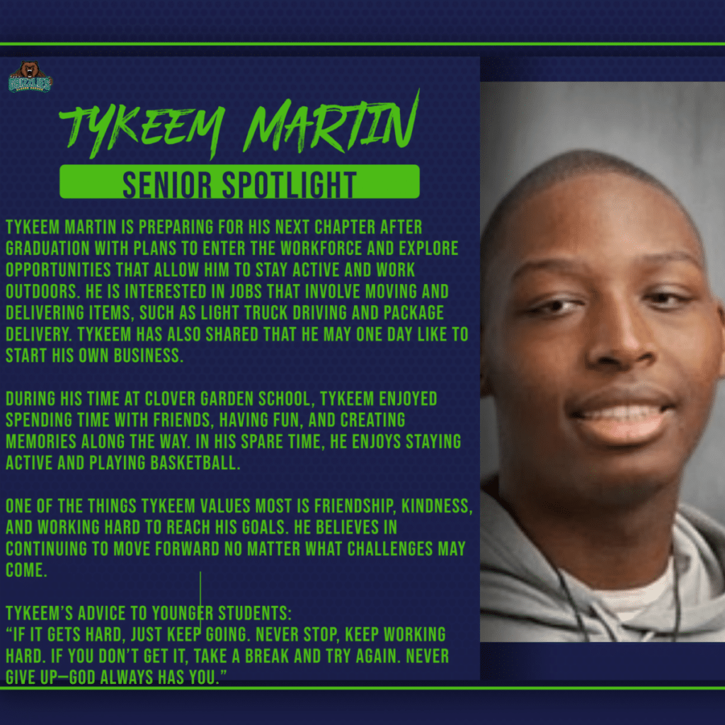 Senior spotlight graphic showing a smiling graduate with text about his plans to work, stay active outdoors, and possibly start a business.
