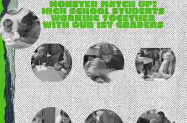 A group of high school students and 1st graders from Clover Garden School sit together at a table, collaborating on a creative project during the "Monster Matchup."