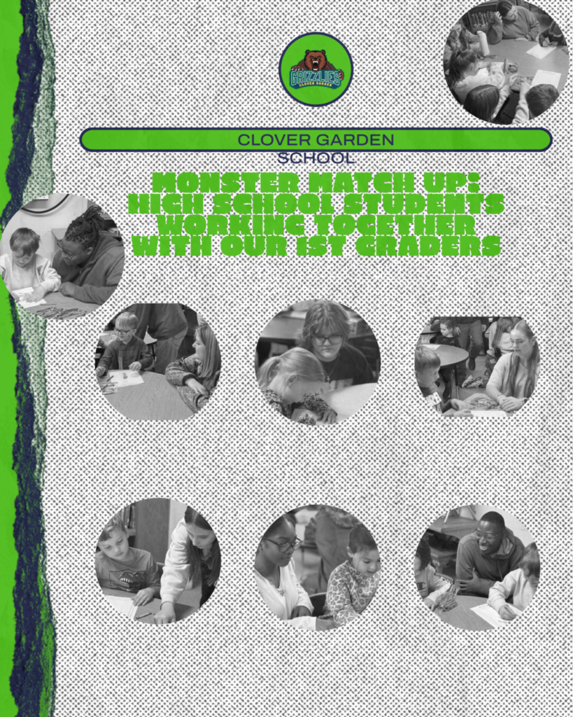 A group of high school students and 1st graders from Clover Garden School sit together at a table, collaborating on a creative project during the "Monster Matchup."