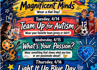 Colorful Autism Awesome Week poster listing themed spirit days at Clover Garden School.