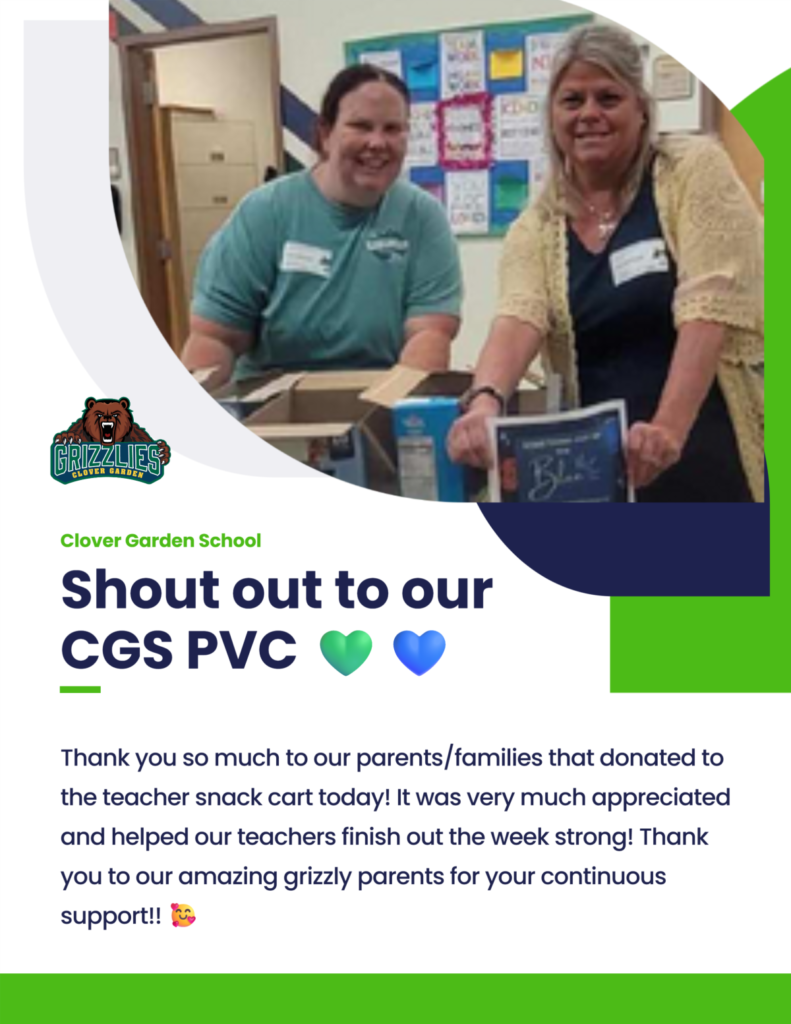 Two smiling women at Clover Garden School with donated snacks for the teacher snack cart, celebrating parent support.
