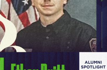 Alumni spotlight graphic for Ethan Britt, who graduated from the fire academy.