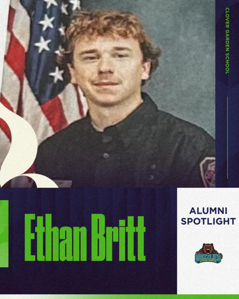 Alumni spotlight graphic for Ethan Britt, who graduated from the fire academy.