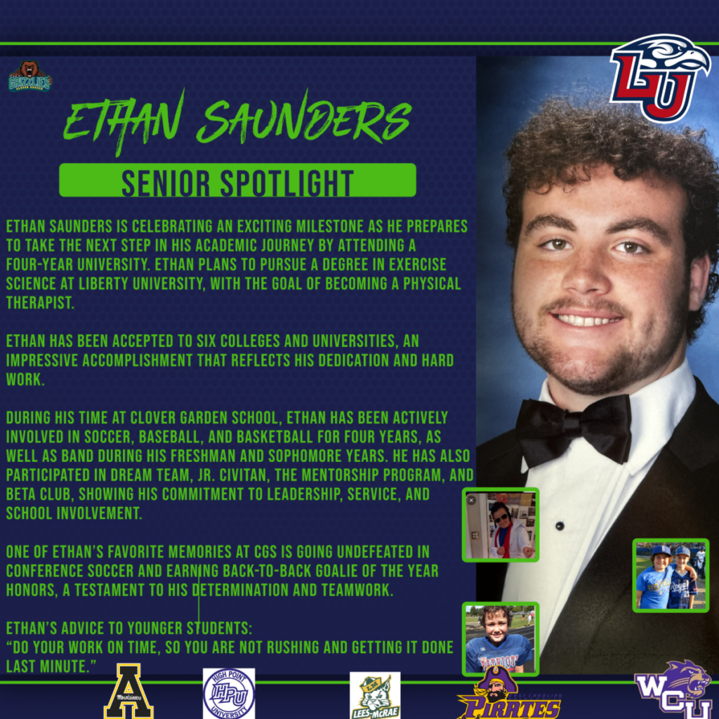 Senior spotlight graphic for Ethan Saunders with portrait, Liberty University logo, and text highlighting his plans to study exercise science and become a physical therapist, along with his achievements and activities.