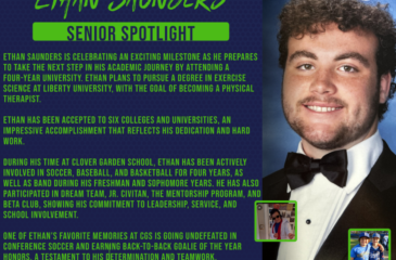 Senior spotlight graphic for Ethan Saunders with portrait, Liberty University logo, and text highlighting his plans to study exercise science and become a physical therapist, along with his achievements and activities.