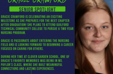 Senior spotlight graphic of Gracie Crawford with her portrait, highlighting her plans to attend GTCC for nursing and her advice to stay focused and not give up.