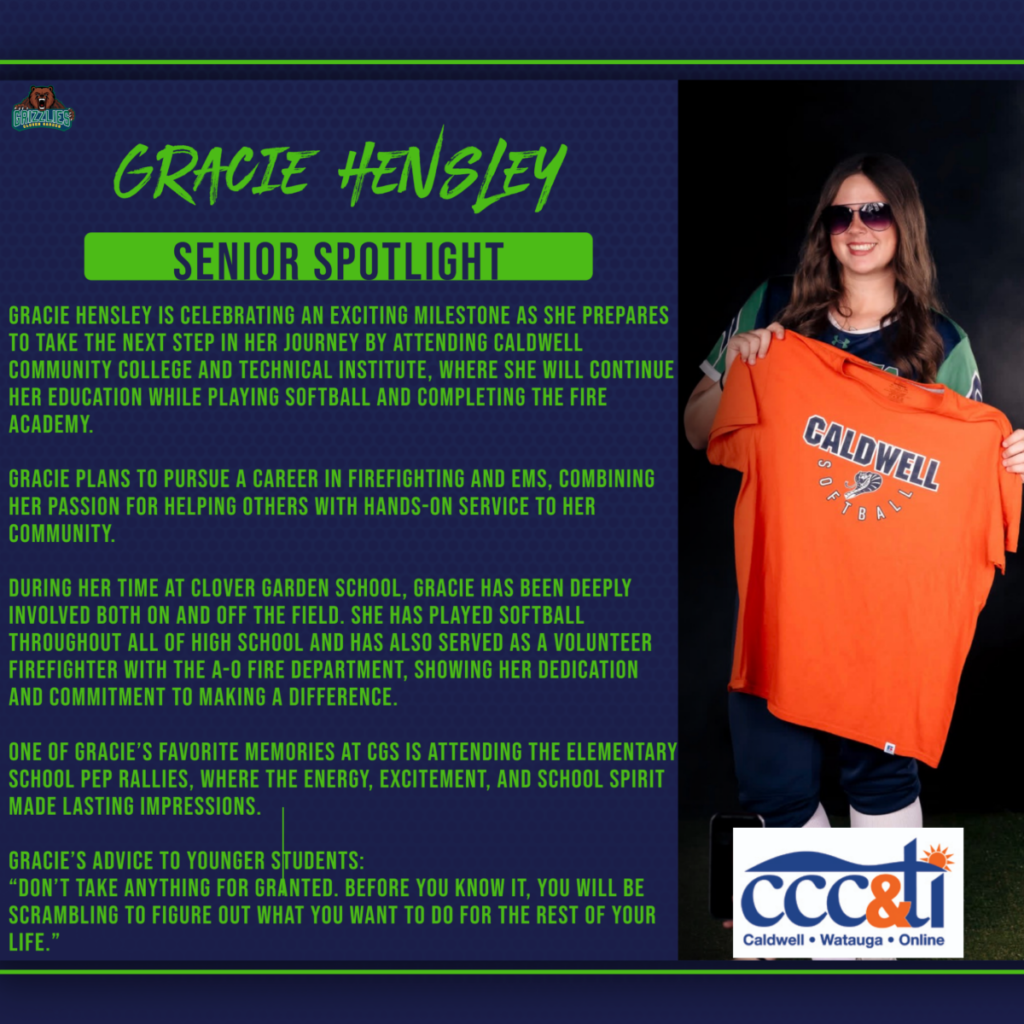 Senior spotlight graphic of Gracie Hensley holding a Caldwell softball shirt, with text highlighting her college plans, firefighting and EMS goals, and advice to younger students.