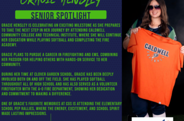 Senior spotlight graphic of Gracie Hensley holding a Caldwell softball shirt, with text highlighting her college plans, firefighting and EMS goals, and advice to younger students.