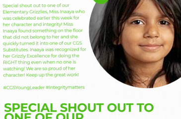 Grizzly Student Shout Out graphic for Miss Inaaya, featuring her photo and a caption celebrating her integrity and Grizzly Excellence at Clover Garden School.