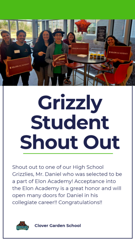 A group of Elon Academy staff members and a Clover Garden High School student, Daniel, standing together and holding certificates to celebrate his acceptance into the program.