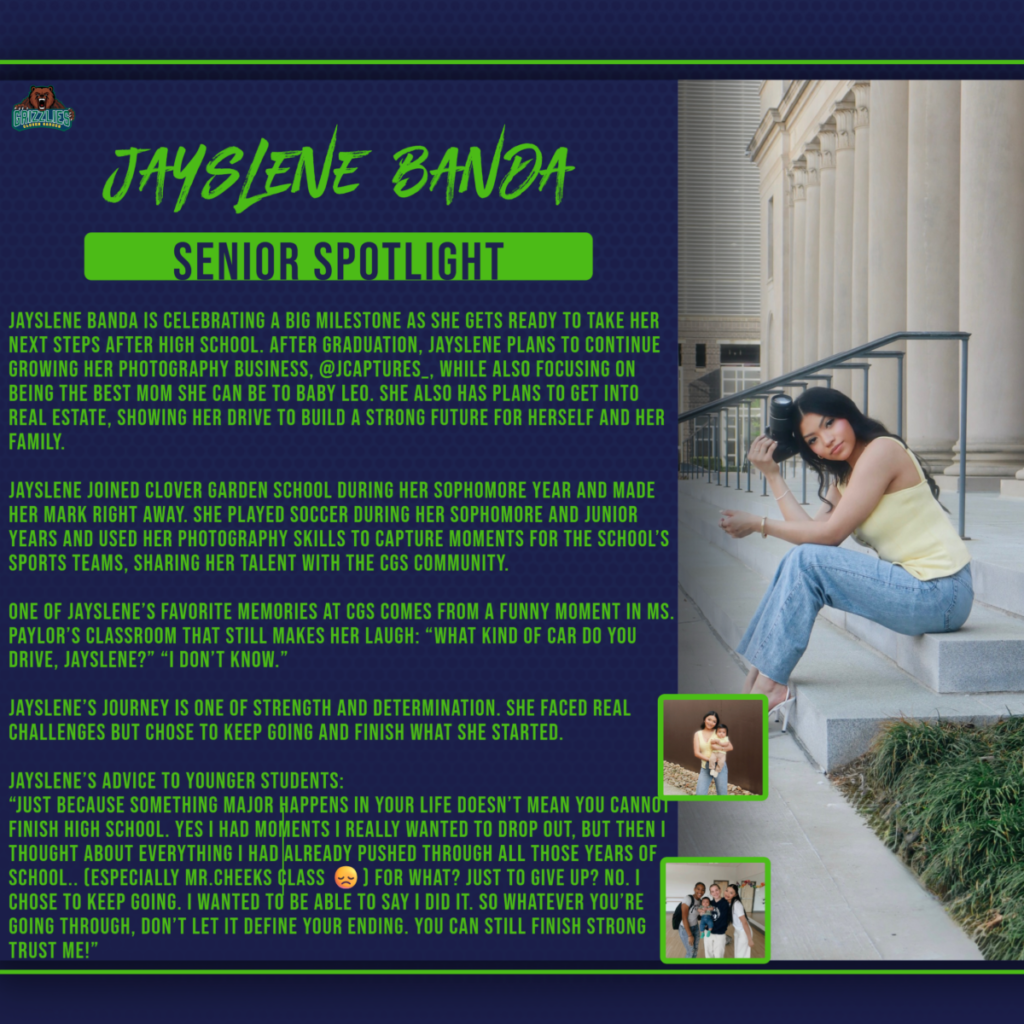 Senior spotlight graphic of Jayslene Banda sitting on steps holding a camera, with text highlighting her photography business, future plans, and personal achievements.