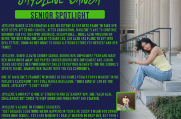 Senior spotlight graphic of Jayslene Banda sitting on steps holding a camera, with text highlighting her photography business, future plans, and personal achievements.