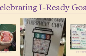 Celebration slide with photos of themed drinks, student artwork, and the Happy Camper Coffee menu.