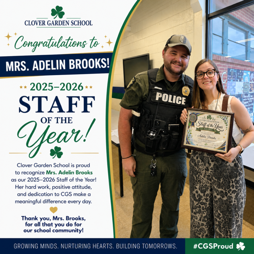 Mrs. Adelin Brooks smiles while holding her 2025–2026 CGS Staff of the Year award.