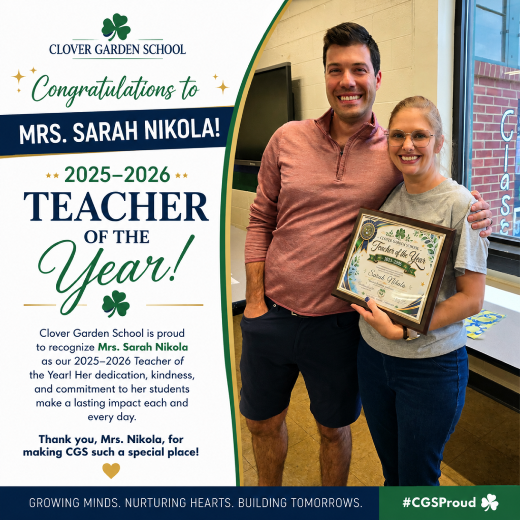 Mrs. Sarah Nikola smiles while holding her 2025–2026 CGS Teacher of the Year award.