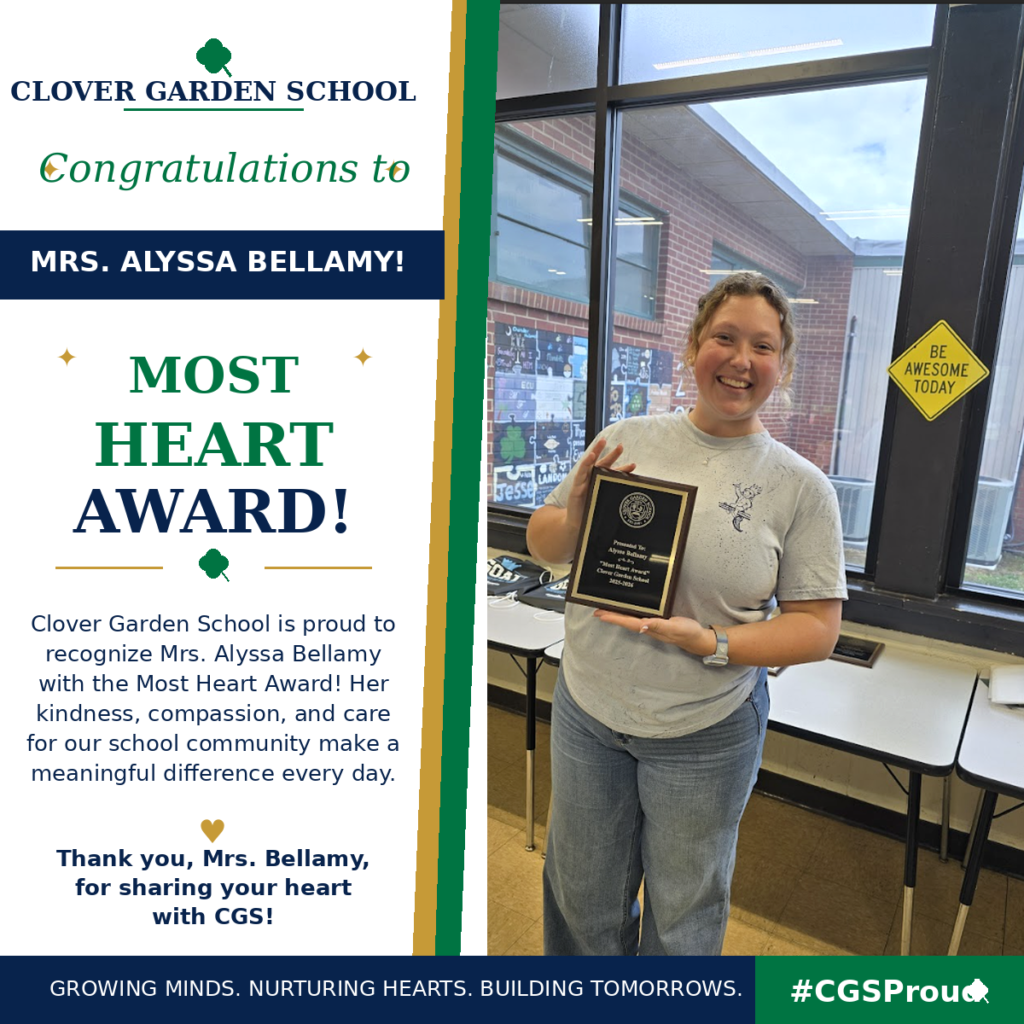 Mrs. Alyssa Bellamy smiles while holding her CGS Most Heart Award.