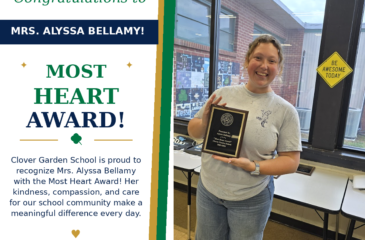 Mrs. Alyssa Bellamy smiles while holding her CGS Most Heart Award.