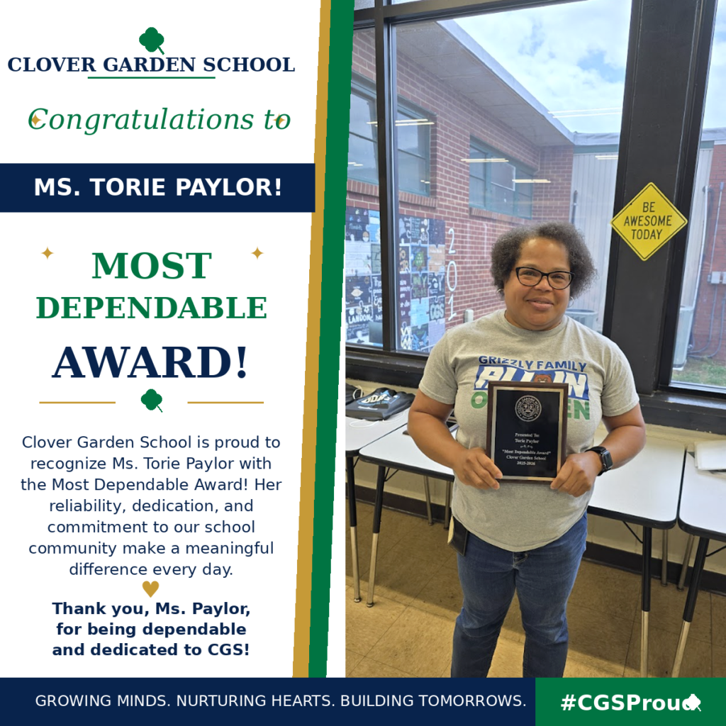 Ms. Torie Paylor smiles while holding her CGS Most Dependable Award.