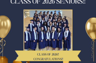 Graduation poster featuring Clover Garden School’s Class of 2026 seniors in blue caps and gowns with gold celebration decorations and congratulatory text.