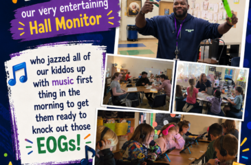 Colorful school poster celebrating Mr. Harper for energizing students with music before EOG testing, featuring photos of him and students learning in classrooms.