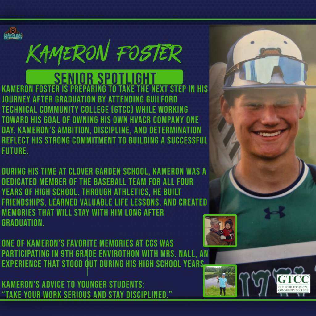 Senior Spotlight graphic for Kameron Foster featuring a large baseball portrait, smaller personal photos, and text about attending GTCC and pursuing his goal of owning an HVACR company.