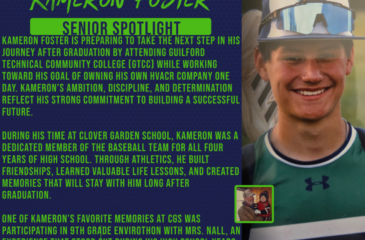 Senior Spotlight graphic for Kameron Foster featuring a large baseball portrait, smaller personal photos, and text about attending GTCC and pursuing his goal of owning an HVACR company.