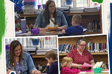 Flyer with three classroom photos of teachers working with young children, welcoming upcoming kindergarten students and “Little Grizzlies” in blue and green school colors.