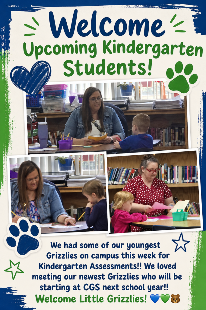 Flyer with three classroom photos of teachers working with young children, welcoming upcoming kindergarten students and “Little Grizzlies” in blue and green school colors.