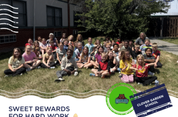 Group of 3rd grade students sitting outside on the grass at school under the heading “Sweet Success in 3rd Grade,” celebrating a multiplication ice cream party for scoring 80 percent or higher on all 10 fact fluency tests, with Clover Garden School branding.